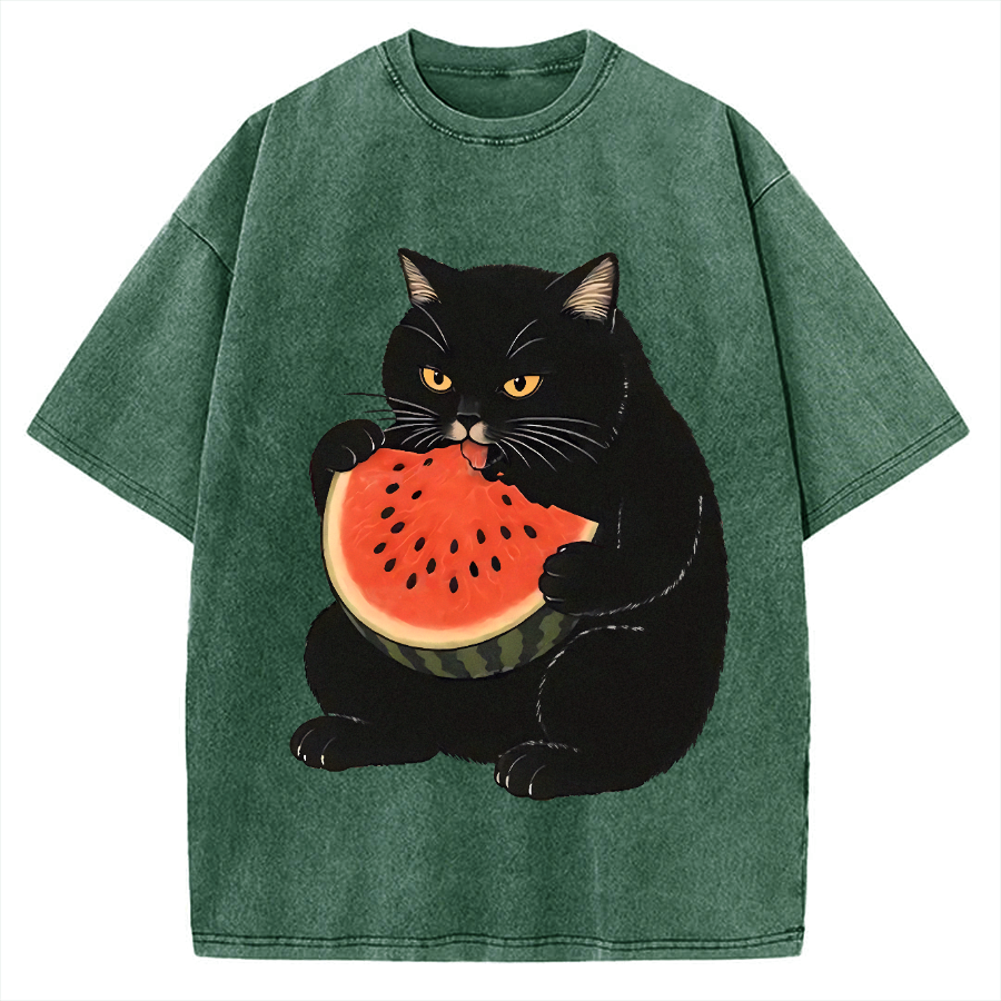 Black cat eating watermelon Vintage Washed T-shirt