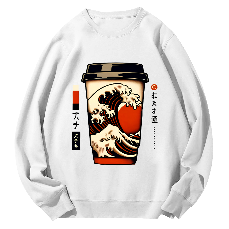 Giant Wave Coffee Japanese Round Neck Sweatshirt-Zazasy