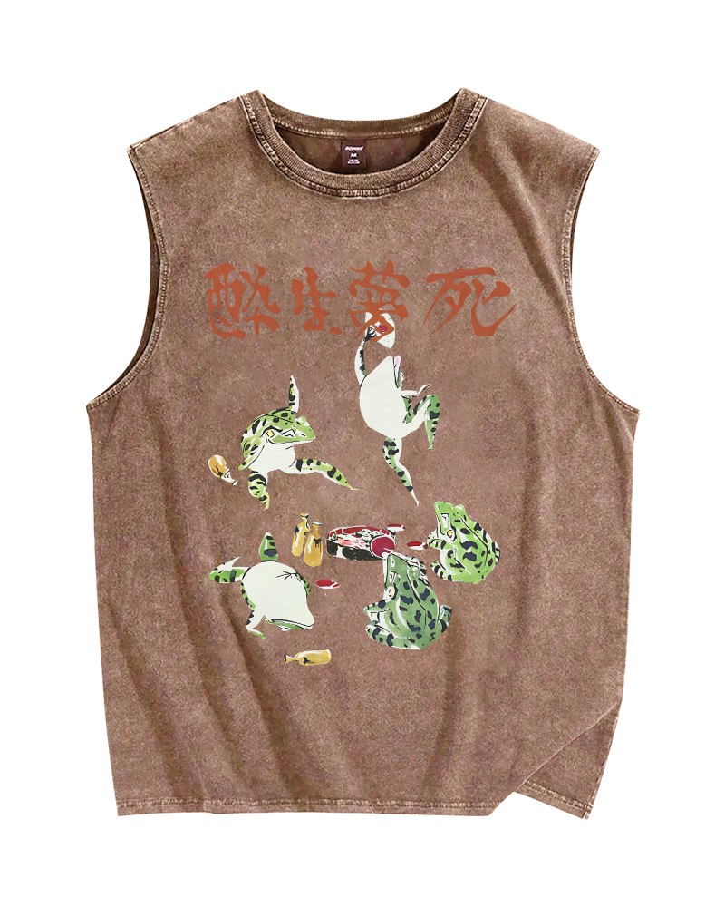 Drunk and Dreaming Frog, Japanese Style Vintage Distressed Washed Tank-Zazasy