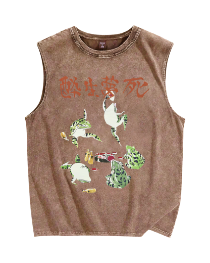 Drunk and Dreaming Frog, Japanese Style Vintage Distressed Washed Tank-Zazasy