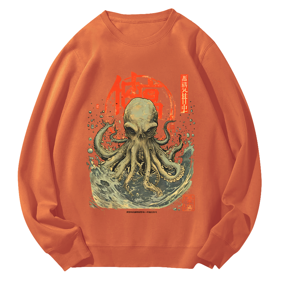 Japanese Style Octopus in The Hhuge Waves Round Neck Sweatshirt-Zazasy