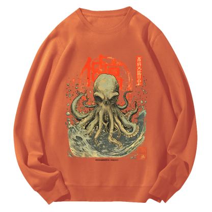 Japanese Style Octopus in The Hhuge Waves Round Neck Sweatshirt-Zazasy