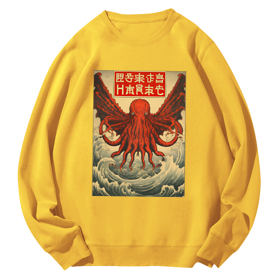 The Japanese style octopus monster in the huge waves Round Neck Sweatshirt-Zazasy