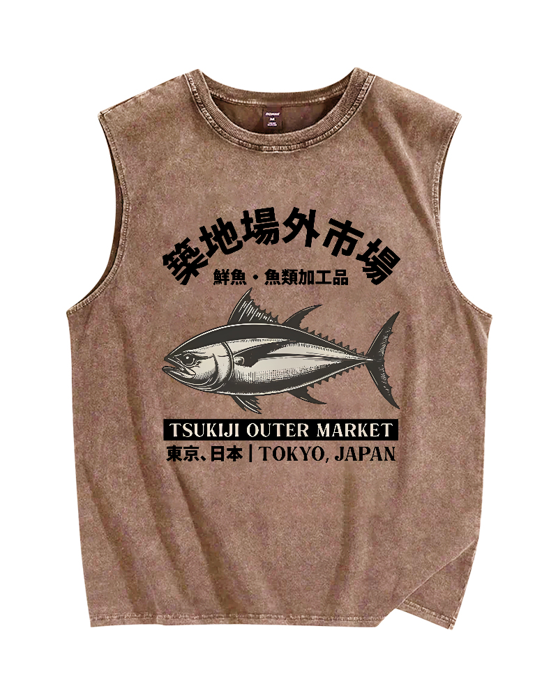 Tsukiji Seafood Market Vintage Distressed Washed Tank-Zazasy