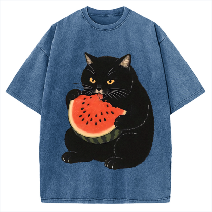 Black cat eating watermelon Vintage Washed T-shirt
