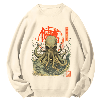 Japanese Style Octopus in The Hhuge Waves Round Neck Sweatshirt-Zazasy