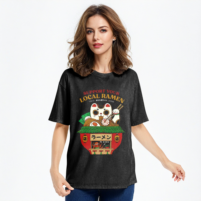 Tokyo-Assassin Lucky Cat Eating Ramen Mic Washed T-Shirt-Tokyo-Assassin