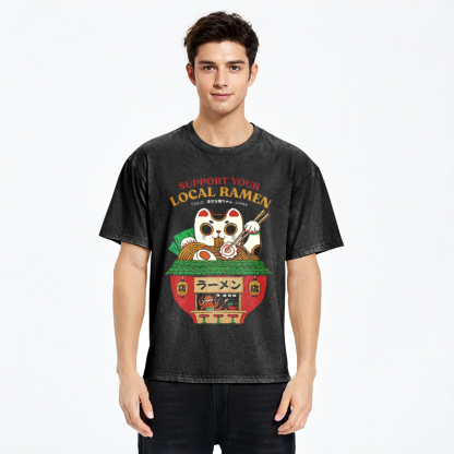 Tokyo-Assassin Lucky Cat Eating Ramen Mic Washed T-Shirt-Tokyo-Assassin