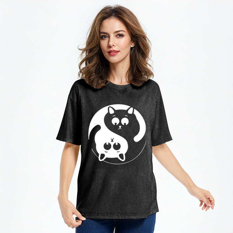 Tokyo-Assassin Yin Yang Gossip Cat Washed T-Shirt-Tokyo-Assassin