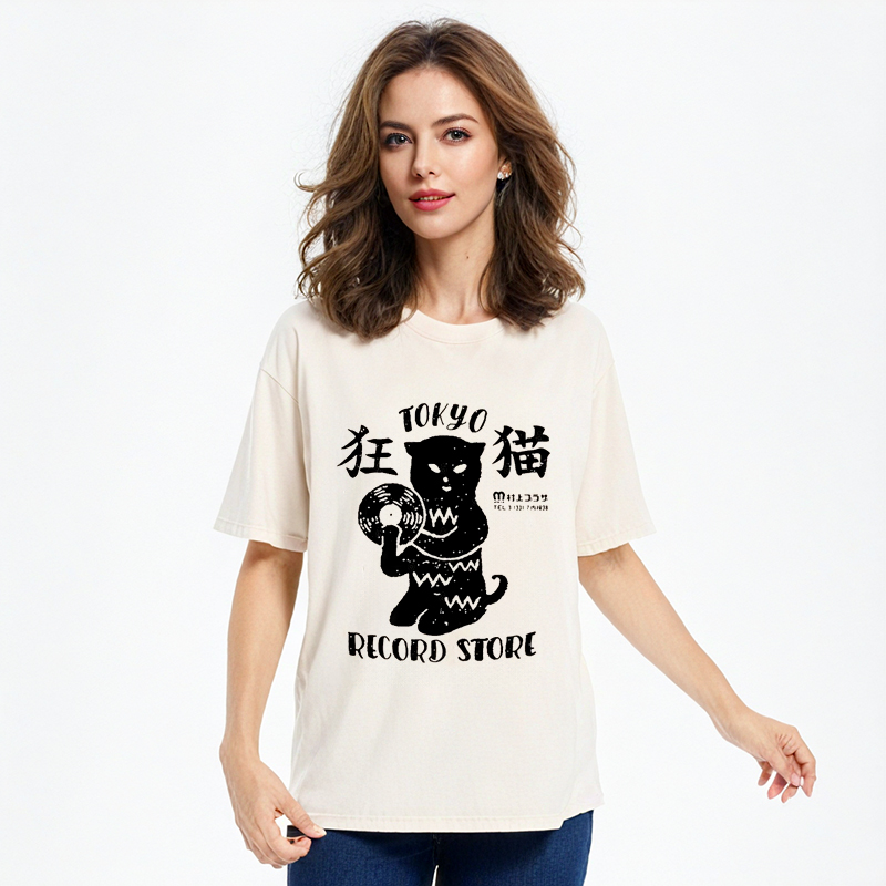 Tokyo-Assassin Tokyo Record Store Cat CD Washed T-Shirt-Tokyo-Assassin