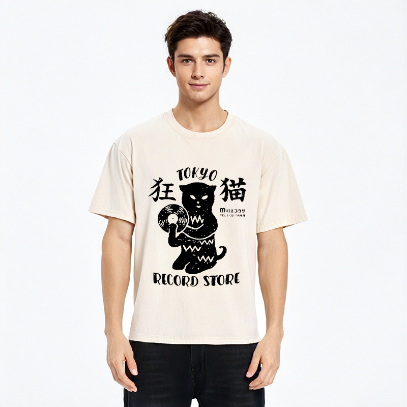 Tokyo-Assassin Tokyo Record Store Cat CD Washed T-Shirt-Tokyo-Assassin