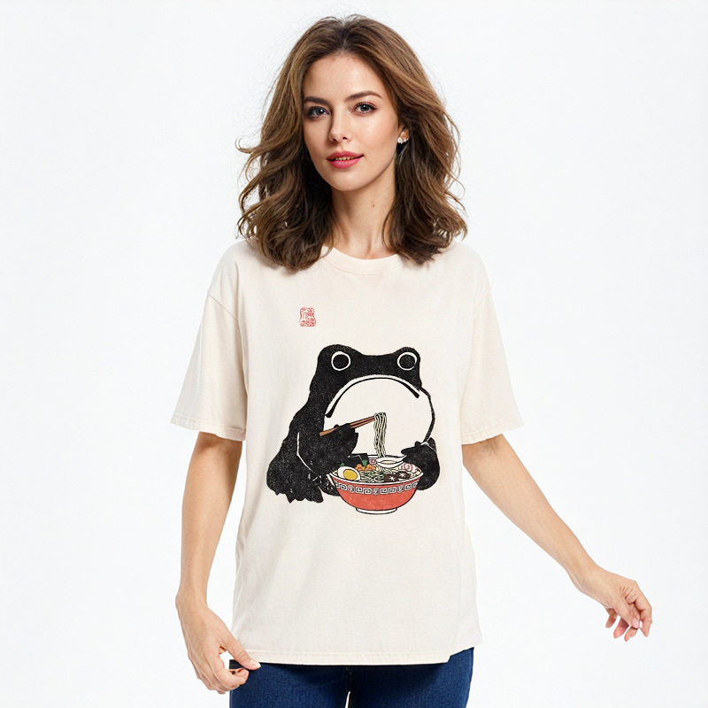 Tokyo-Assassin Funny Frog Eating Ramen Washed T-Shirt-Tokyo-Assassin