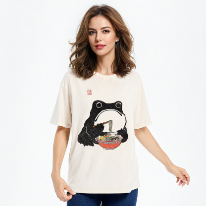 Tokyo-Assassin Funny Frog Eating Ramen Washed T-Shirt-Tokyo-Assassin