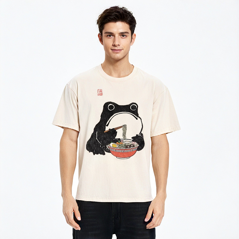 Tokyo-Assassin Funny Frog Eating Ramen Washed T-Shirt-Tokyo-Assassin