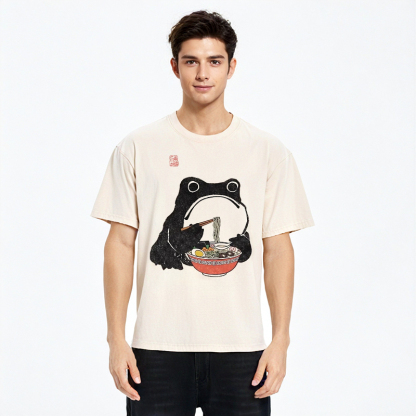 Tokyo-Assassin Funny Frog Eating Ramen Washed T-Shirt-Tokyo-Assassin