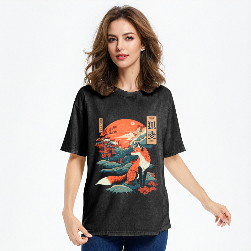 Tokyo-Assassin Japanese Kitsune Fox Sakura Washed T-Shirt-Tokyo-Assassin