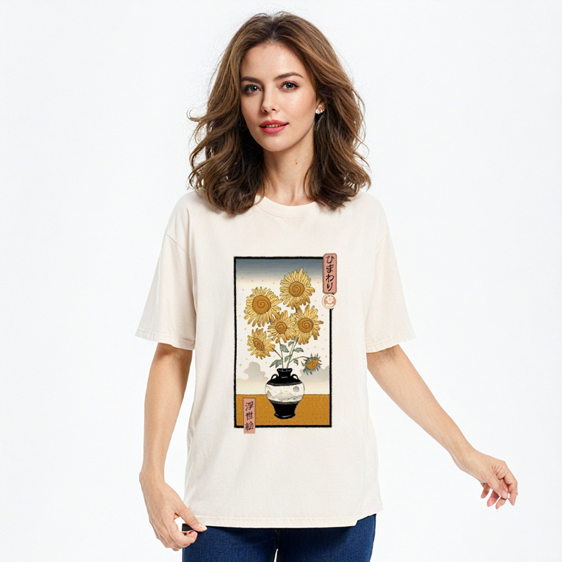 Tokyo-Assassin Sunflowers Ukiyo-e Washed T-Shirt-Tokyo-Assassin