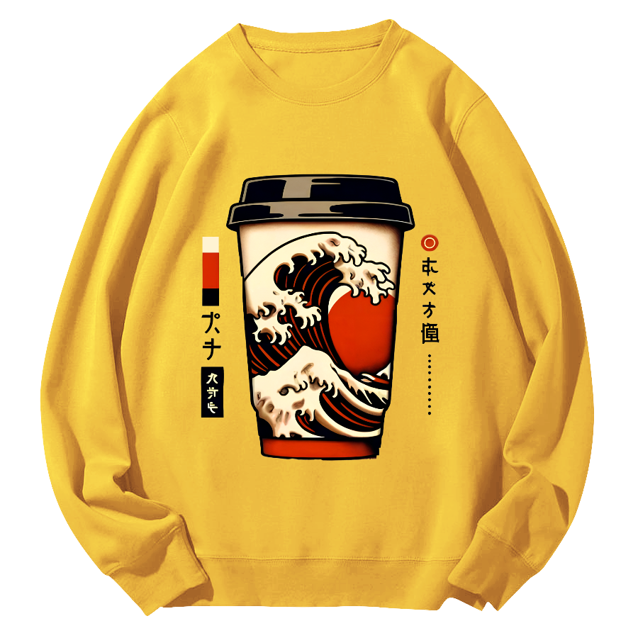 Giant Wave Coffee Japanese Round Neck Sweatshirt-Zazasy