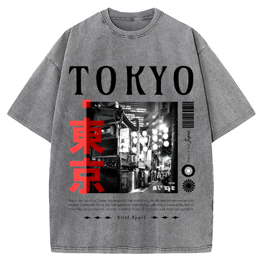 Tokyo Street Night Scene Vintage Washed T-shirt