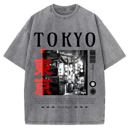 Tokyo Street Night Scene Vintage Washed T-shirt
