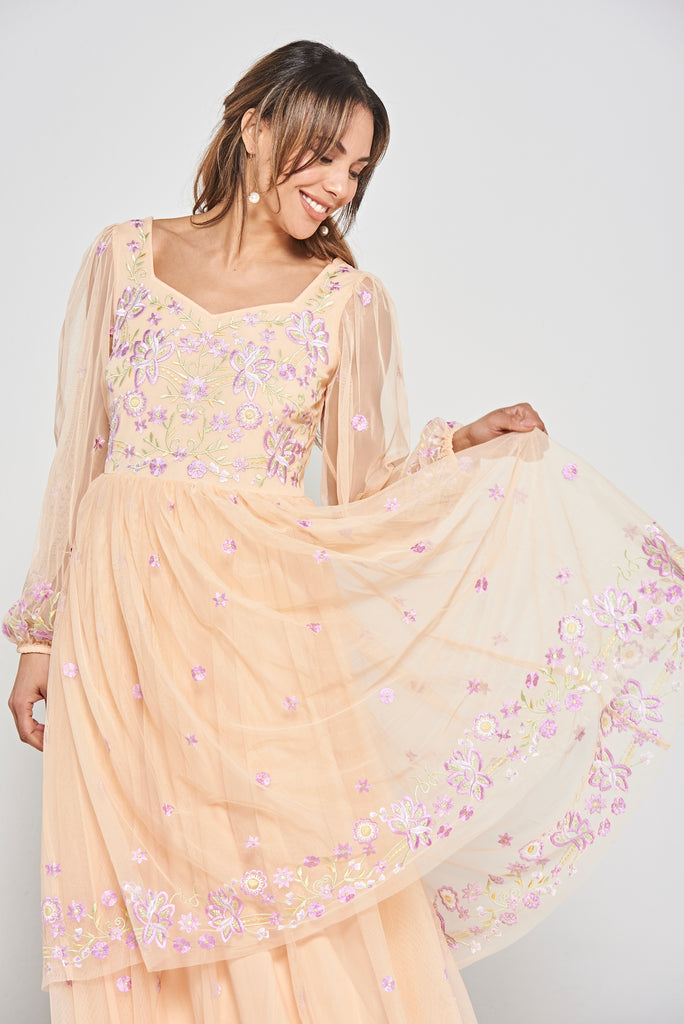 Almond Floral Embroidered Maxi Dress