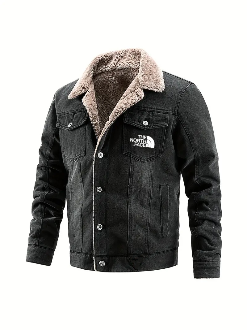 2024 TNF®-Contrast Lapel Fleece Lined Denim Jacket - Thick Warm Outerwear, Long Sleeve Casual Winter Top