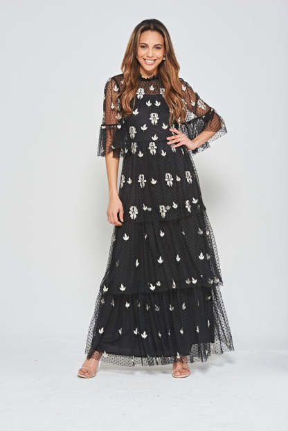 Black Leaf Embroidered Tiered Maxi Dress