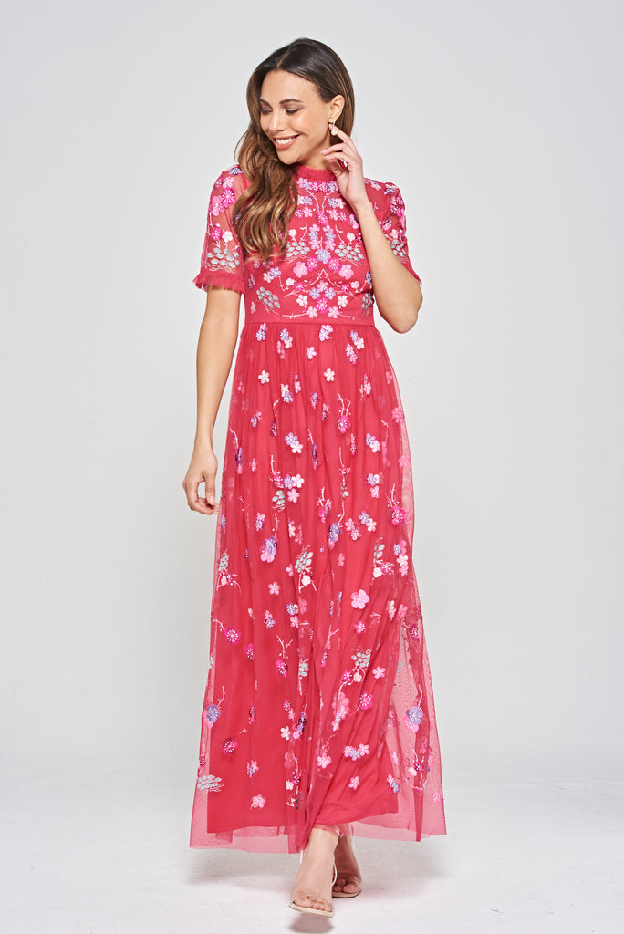 Crimson Floral Embroidered Maxi Dress