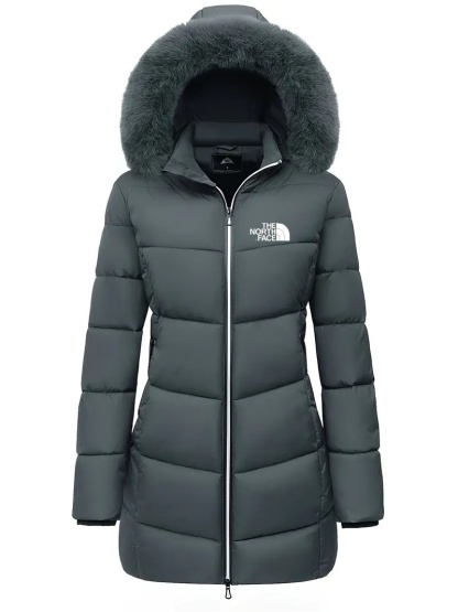 2025 TNF®-Zipper Fur Lined Hooded Down Jacket Casual Warm Long Sleeve Fur Lined Warm Autumn and Winter Women's Clothing