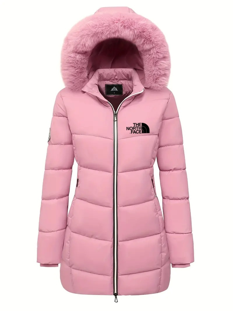 2025 TNF®-Zipper Fur Lined Hooded Down Jacket Casual Warm Long Sleeve Fur Lined Warm Autumn and Winter Women's Clothing