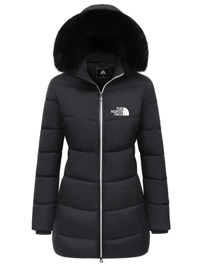 2025 TNF®-Zipper Fur Lined Hooded Down Jacket Casual Warm Long Sleeve Fur Lined Warm Autumn and Winter Women's Clothing