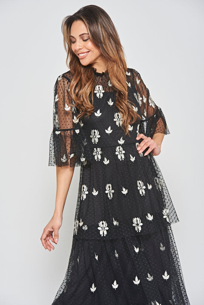 Black Leaf Embroidered Tiered Maxi Dress