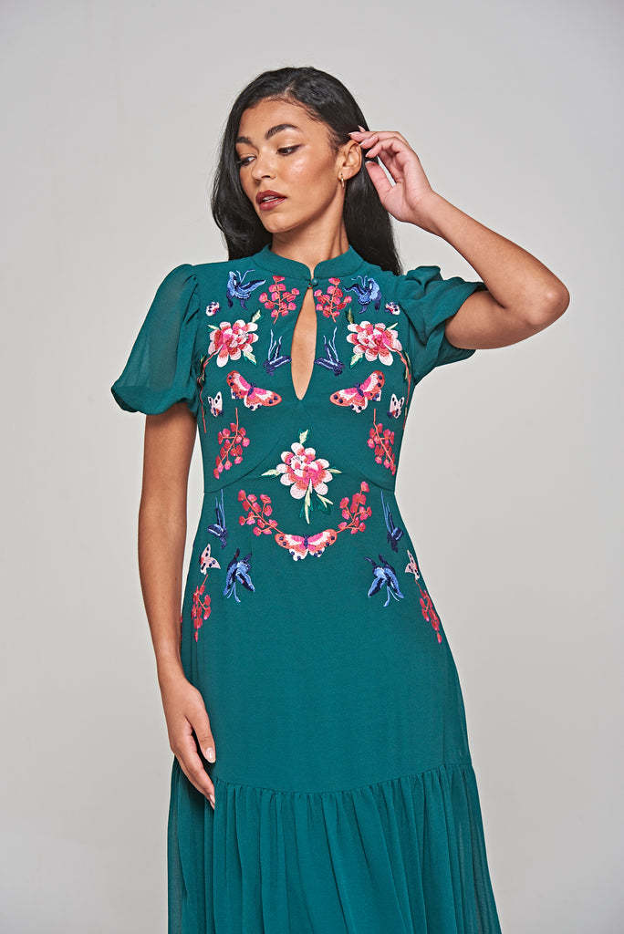 Green Floral Embroidered Midi Dress