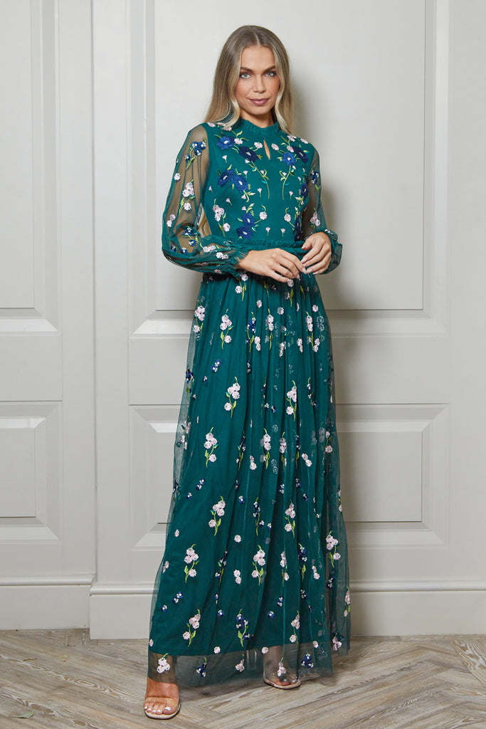 Alpine Green Floral Embroidered Maxi Dress