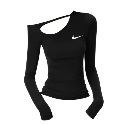 Black lace-up hollowed-out slim-fit top