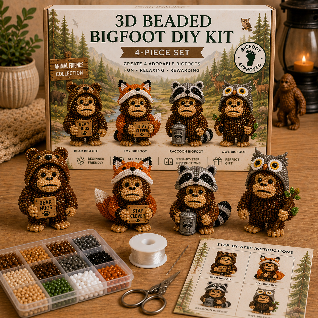3D Beaded Bigfoot DIY Kit – Collectible Bigfoot Craft Set (4-Piece Series Collection)
