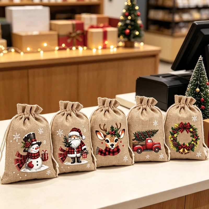 ⏳ Last Day 49% OFF – 🎄 Christmas Drawstring Gift Bags – Santa & Reindeer Design, Reusable Fabric Gift Wrapping Bags