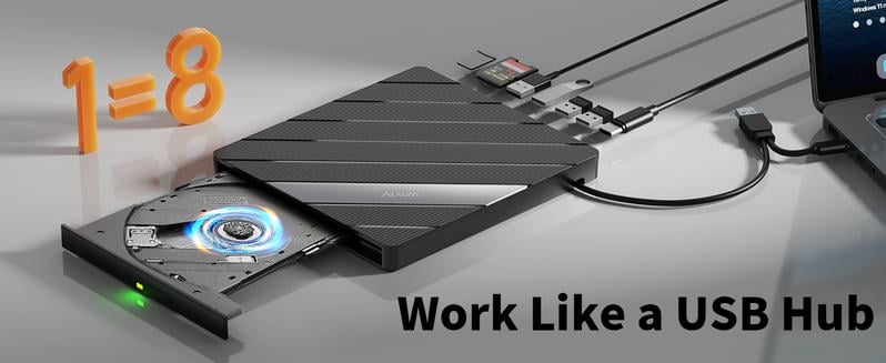 Alxum Laptop DVD Player USB C 3.0 Portable CD Burner with SD/TF Card Slot & 3 USB Ports  Compatible with Mac, Windows, Linux