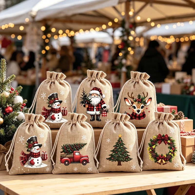 ⏳ Last Day 49% OFF – 🎄 Christmas Drawstring Gift Bags – Santa & Reindeer Design, Reusable Fabric Gift Wrapping Bags