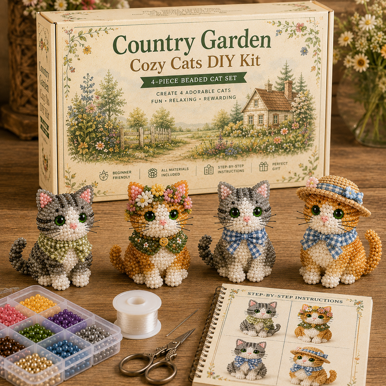 3D Beaded Cat DIY Kit – Adorable 4-Piece Handmade Cat Craft Set