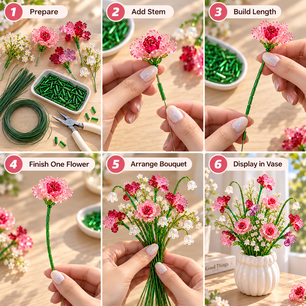 Visual guide showing how to assemble and arrange a pink beaded flower bouquet