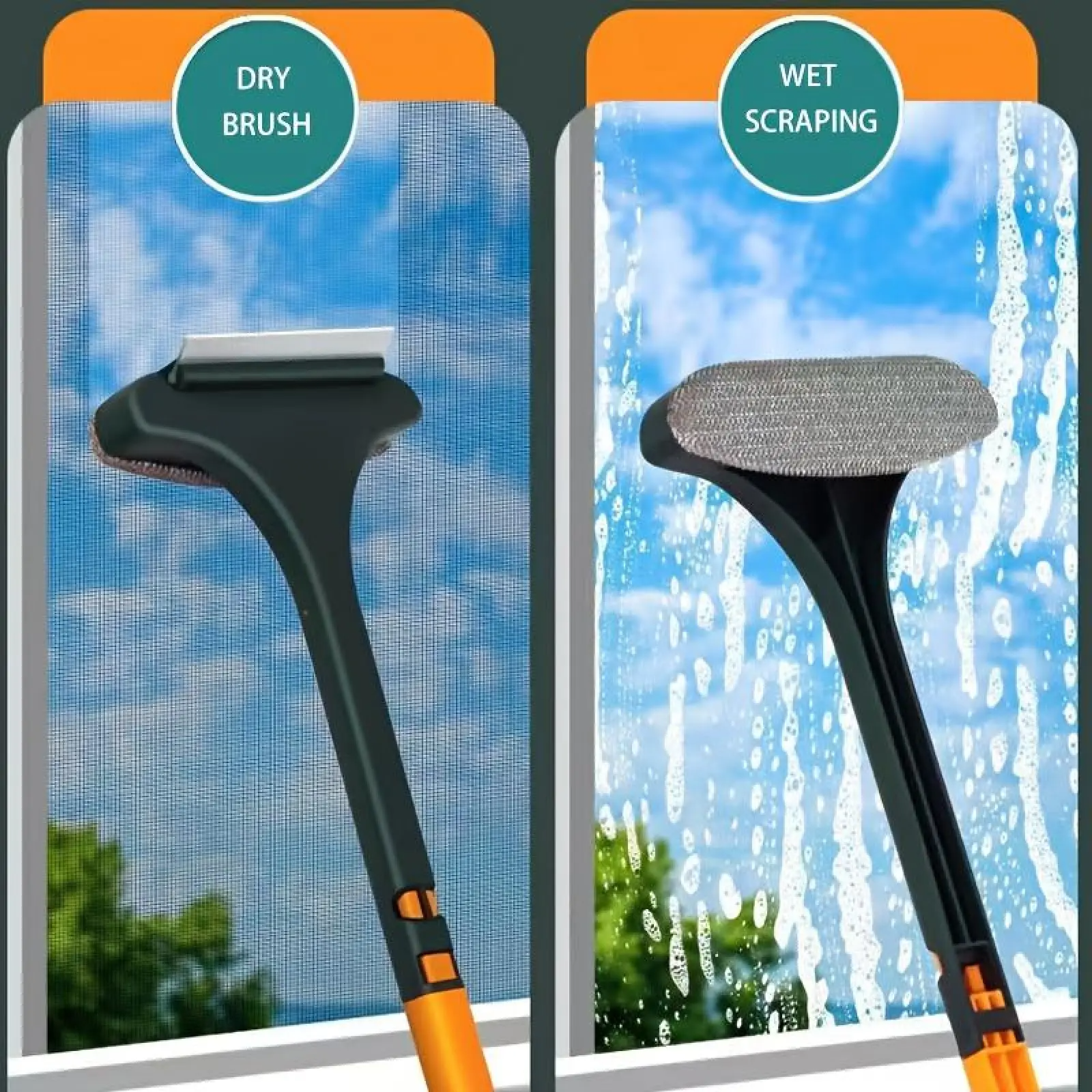 2-in-1 Double-Sided Window Screen Cleaning Brush and Glass Wiper with Scraper