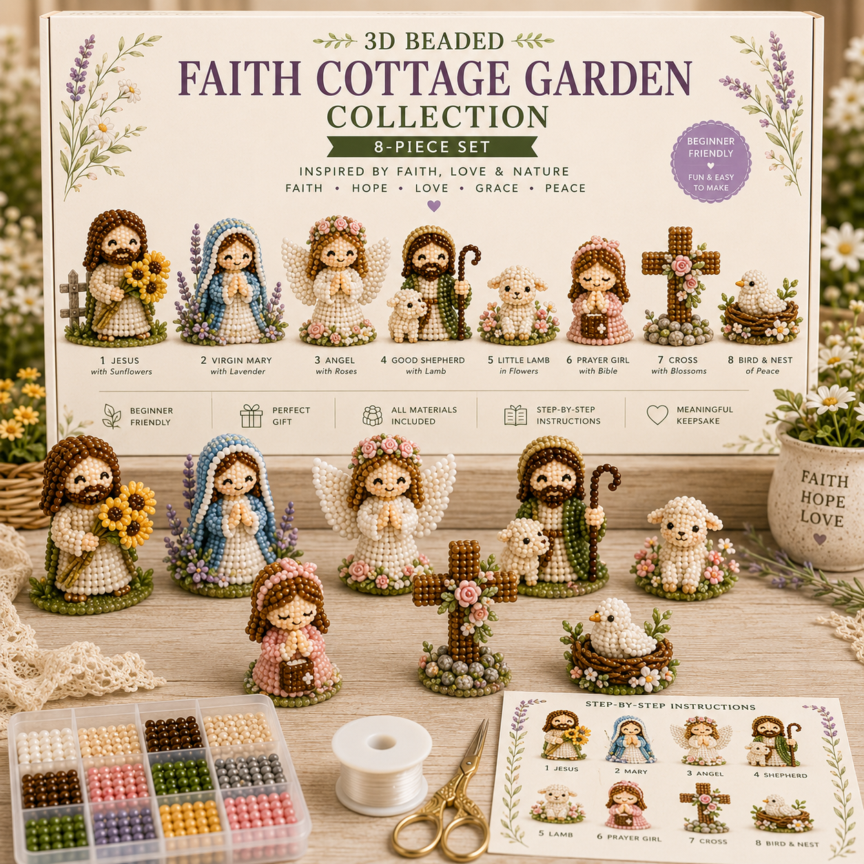 3D Beaded Nativity Collection DIY Kit – Handmade Christmas Faith Craft Set (8-Piece Set)