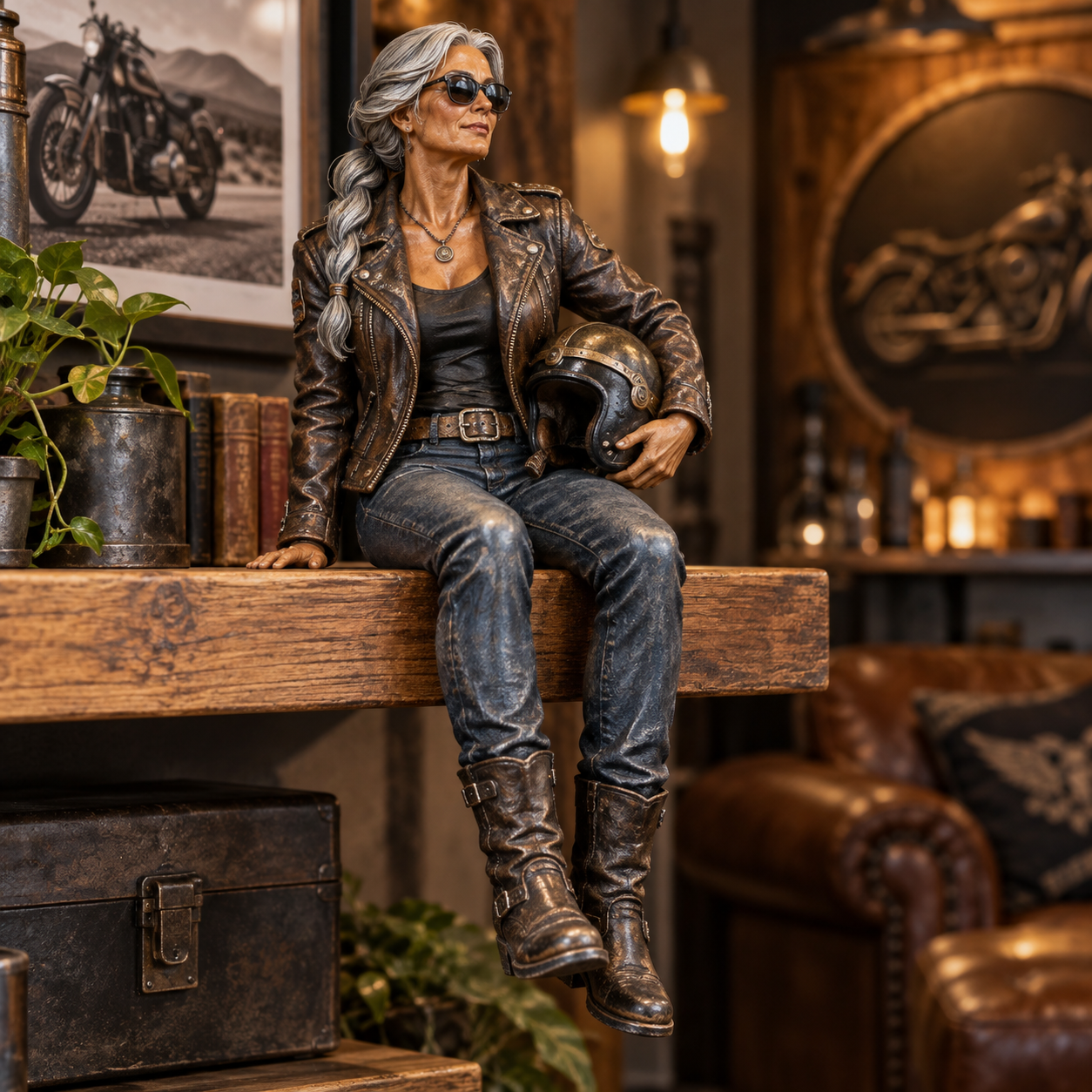 The Silver Rider female biker shelf sitter holding a motorcycle helmet