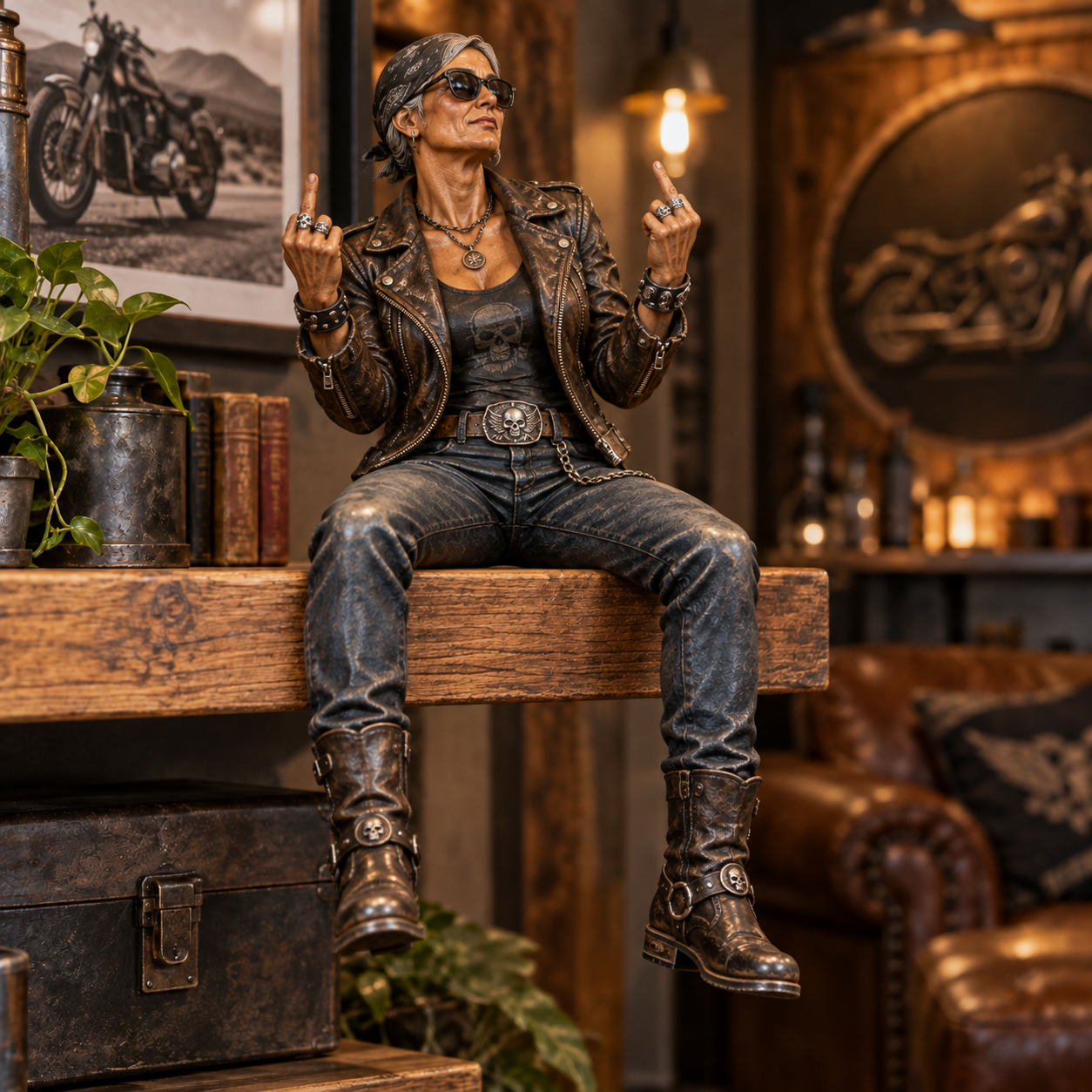 The Road Rebel female biker figurine with a bold double middle finger pose
