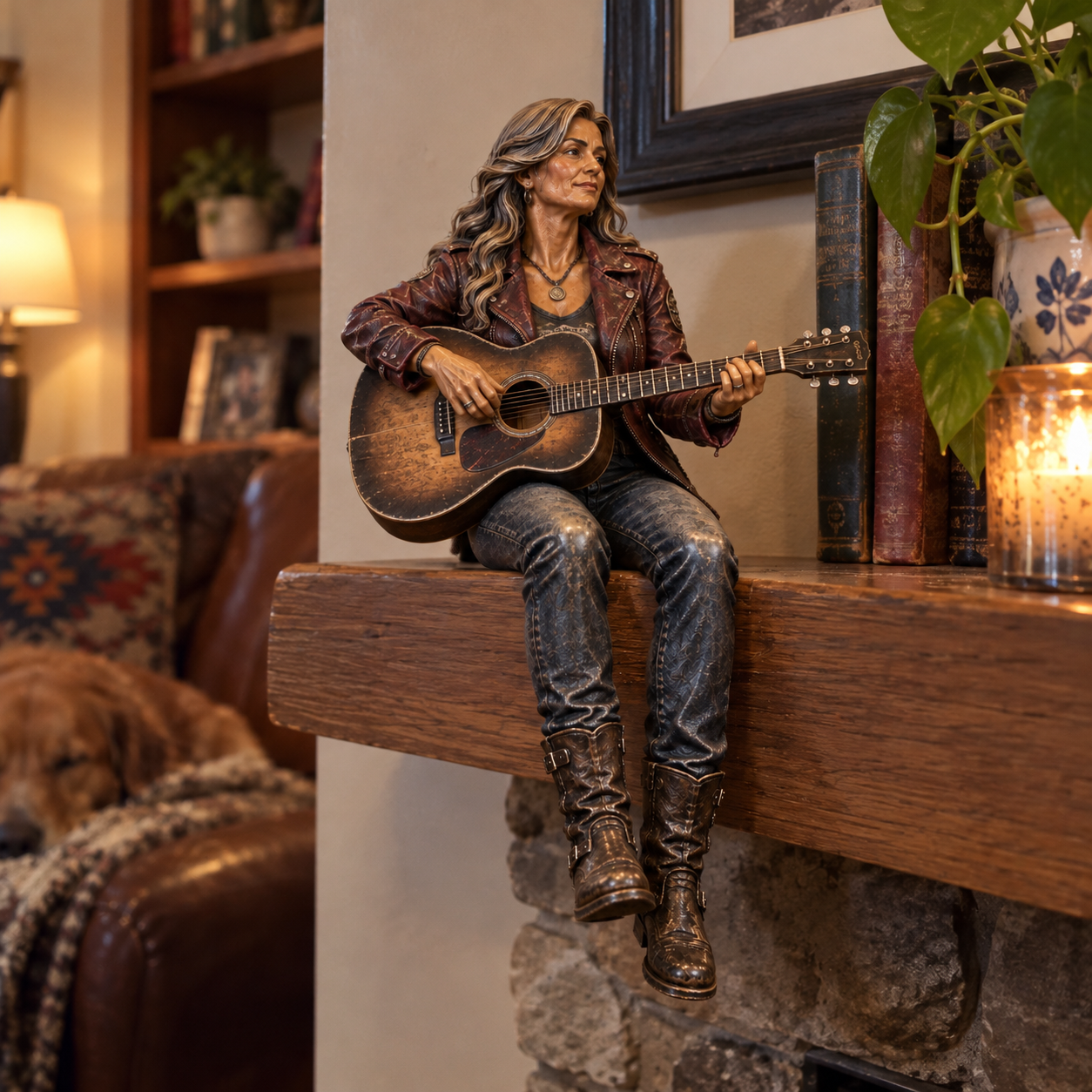 Free Spirit guitarist figurine styled on a home shelf