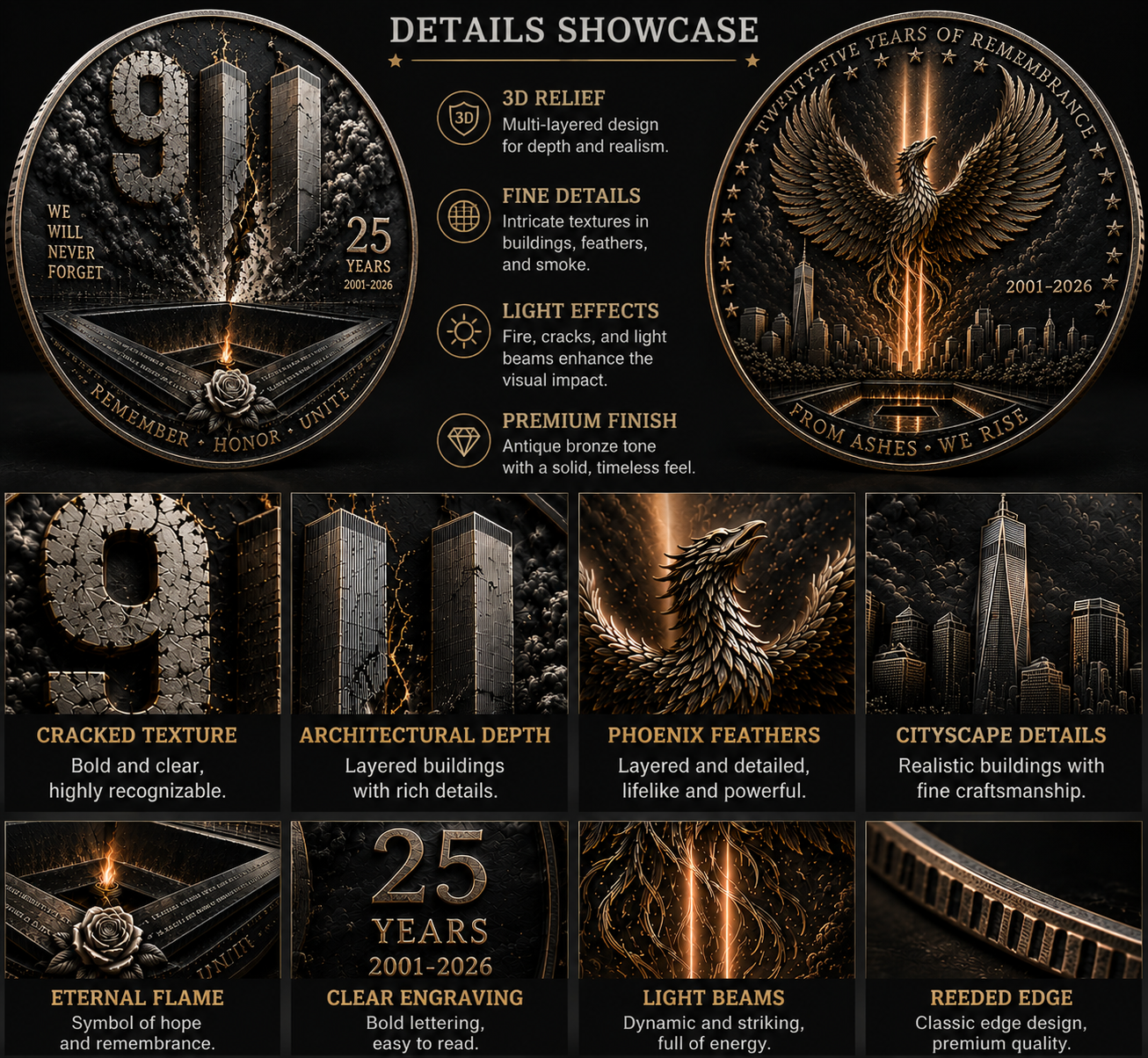9/11 25th Anniversary Commemorative Coin – Never Forget Memorial Collectible (2001–2026)