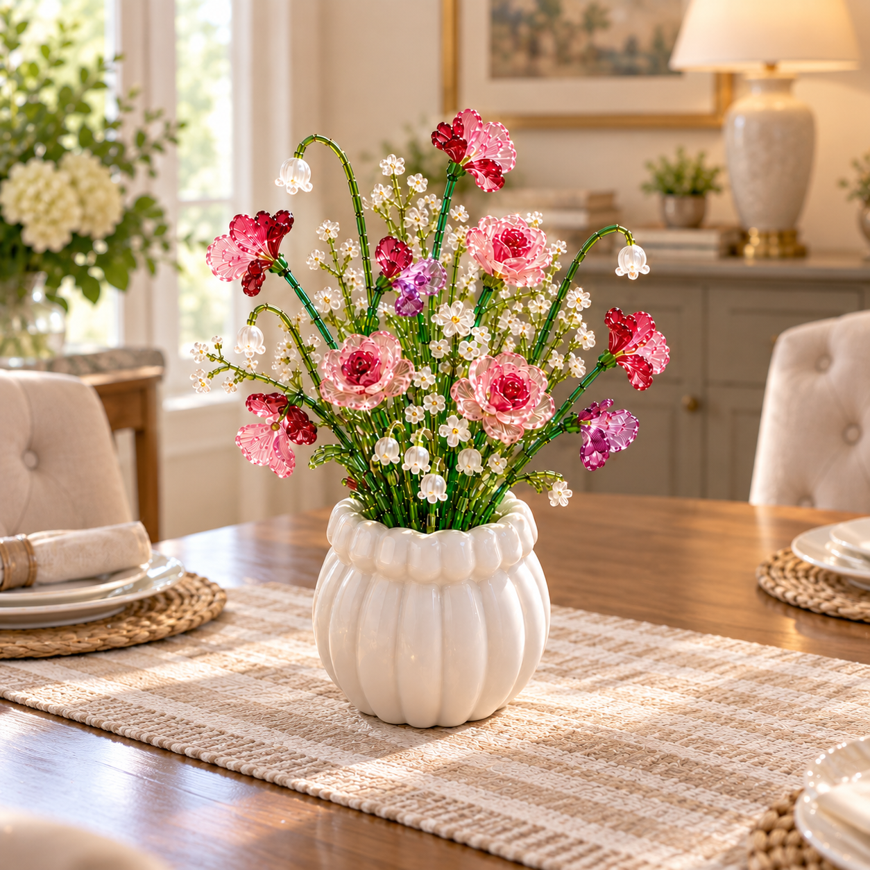 Pink beaded flower bouquet displayed in the included white vase