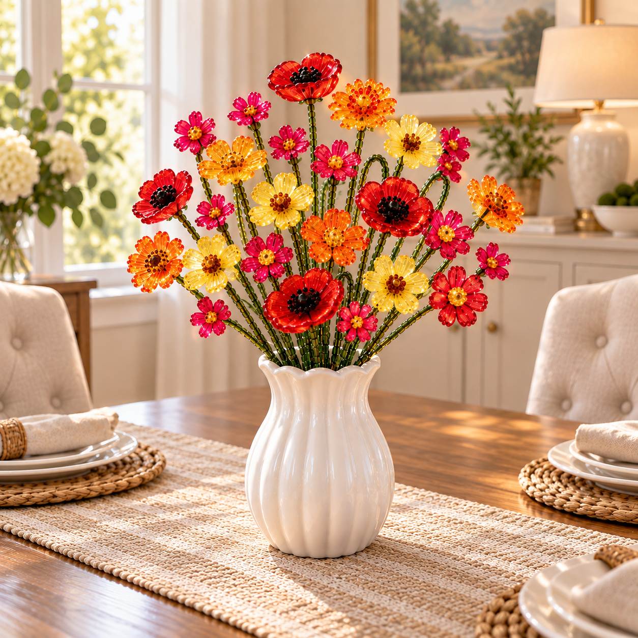 Warm red orange and yellow beaded flower bouquet styled in a dining room
