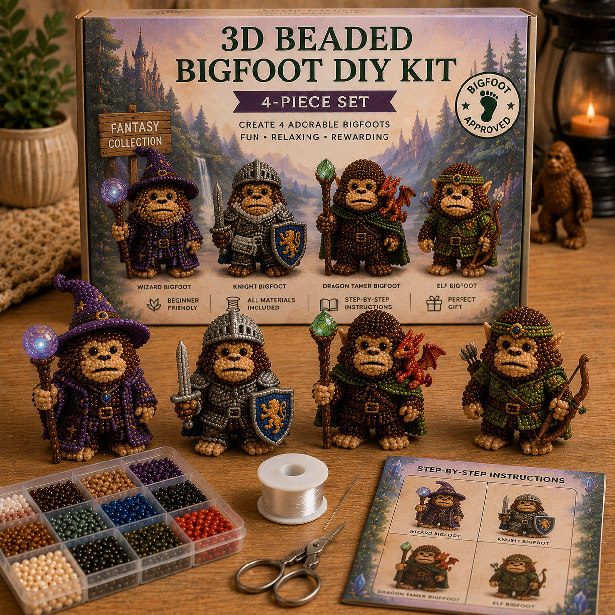 3D Beaded Bigfoot DIY Kit – Collectible Bigfoot Craft Set (4-Piece Series Collection)